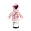 A drink bottle wrapped in a pink knitted cover with a hood, featuring a cute design and hearts. It has a logo.