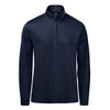 A navy blue men's pullover featuring a 1/4 zip collar and long sleeves, with a logo on the chest.