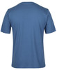 A plain blue T-shirt with a crew neckline and short sleeves, featuring a logo on the back.