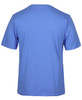 A blue t-shirt viewed from the back, featuring a plain design and a logo.