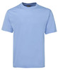 A light blue T-shirt with a round neck and short sleeves, featuring a logo on the tag.