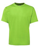 A bright green t-shirt with short sleeves and a round neckline, featuring a logo on the label.