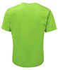 A bright green T-shirt featuring a branding logo, shown from the back view.