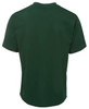 A green T-shirt with a round neckline and short sleeves, featuring a logo.