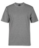 A grey T-shirt with short sleeves and a round neck, featuring a logo on the label.