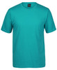 A teal T-shirt with a round neck and short sleeves, featuring a label inside the collar.