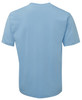 A light blue T-shirt with short sleeves and a plain back. The shirt features a logo.