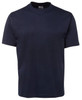 A navy blue T-shirt with a round neckline and short sleeves, featuring a branding logo.
