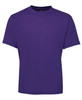 A purple t-shirt featuring a simple design and a logo on the neckline.