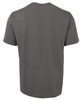 A grey unisex T-shirt with a plain back and short sleeves, featuring a logo on the back.