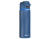 A drink bottle in blue with a sleek design and a built-in digital display. It features a logo on the body.