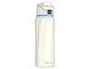 A drink bottle in white with a blue accent and a logo, designed for hydration and featuring a secure lid.