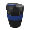 A drink bottle featuring a black cup with a blue silicone band and a matching lid. It has a logo on the side.