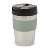 A drink bottle with a stainless steel body, grey silicone band, and a black lid. It features a logo on the side.