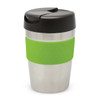 A drink bottle with a stainless steel body, a black lid, and a bright green silicone band. It has a logo.