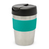 A drink bottle featuring a stainless steel body with a turquoise silicone band and a black flip-top lid.