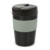 A drink bottle with a black and light green design, featuring a secure lid and a textured grip band.