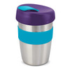 A drink bottle with a stainless steel body, purple lid, and turquoise silicone band. It features a logo.