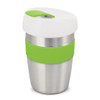 A drink bottle featuring a stainless steel body, white lid, and a green silicone band. It includes a logo.