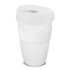 A drink bottle featuring a white body, white lid, and white sleeve, with a logo on the surface.