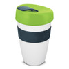 A drink bottle featuring a white body, green top, and navy silicone band, with a branded logo. Capacity: 480ml.