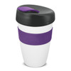 A drink bottle featuring a white body, purple grip, and black lid, designed for convenient use.