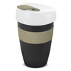 A drink bottle featuring a black body, white lid, and olive green band, with a logo on the side.