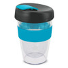 A drink bottle featuring a clear body, black lid, and a turquoise band. It has a sleek, modern design.