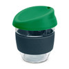 A drink bottle made of clear borosilicate glass with a green silicone lid and a dark blue silicone grip.