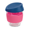 A drink bottle made of clear borosilicate glass with a pink silicone sleeve and a navy blue lid.
