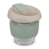 A drink bottle in green and natural tones, featuring a reusable glass body and a secure lid with a band.