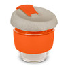 A drink bottle with a clear glass body and a grey lid, featuring an orange silicone sleeve and clip.