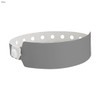 A grey vinyl wristband with white holes and a locking mechanism, designed for events and exhibitions.