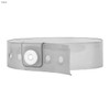 A clear vinyl wristband with a button snap closure and multiple adjustment holes.