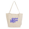 A beige tote bag with a blue logo featuring the text "digital frontier expo" on the front.