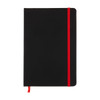 A black notebook with a red elastic band and ribbon bookmark. It features a smooth cover and rounded corners.