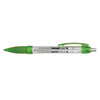 A plastic pen with a transparent body and green accents, featuring a clip and a push-button mechanism.