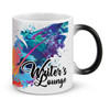 A coffee mug with a colourful abstract design in blue, purple, and orange, featuring a logo.