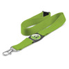 A green lanyard with a retractable reel and a metal clip, featuring a circular logo.