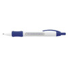 A white and blue plastic pen featuring a textured grip and a branding logo.