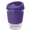 A drink bottle with a purple silicone sleeve and lid, featuring a clear glass inner section.