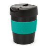 A drink bottle with a black body and a teal silicone band, featuring a black lid. It has a branding logo.