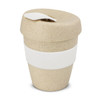 A drink bottle in a natural beige colour with a white band and lid, featuring a logo.