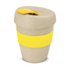 A drink bottle with a natural beige finish and a yellow silicone band, featuring a lid design.