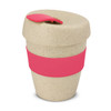 A drink bottle shaped like a cup, in a natural colour with a pink silicone band and lid. It has a logo.