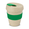 A drink bottle in a natural beige colour with a green band and lid, featuring a logo.