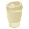 A drink bottle in a soft beige colour, featuring a curved lid and textured body, with a logo displayed.