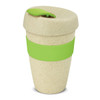 A drink bottle featuring a natural beige base with a green band and lid, showcasing a sleek, eco-friendly design.