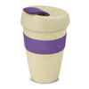 A drink bottle featuring a natural-coloured body, purple band, and a purple lid. It has a logo on the side.
