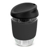 A drink bottle made of clear borosilicate glass with a black silicone sleeve and lid, featuring a sleek design.